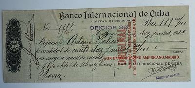 Cuba Banco Internacional de Cuba Cheque Habana 1920. Original cheque issued by Banco 