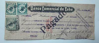 Cuba Banco Comercial de Cuba Paid Cheque with Fiscal Stamps Havana 1924. Colorful and detailed 