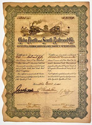 Cuba Cuba North and South Railroad Co 250 Shares 1920. # 2 certificate # 2; vignette with two 