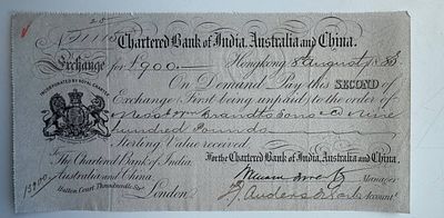 China Chartered Bank of India Australia and China Bill of Exchange Hong Kong 1883 £900. Large 
