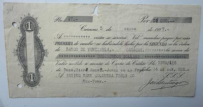 Venezuela Banco de Venezuela Draft Caracas 1927 200 USD. Issued by Banco de Venezuela and 