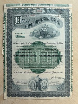 Cuba, Banco Español de la Isla de Cuba, Share Certificate, Havana, 1910, 100 Pesos Oro Español. A 
