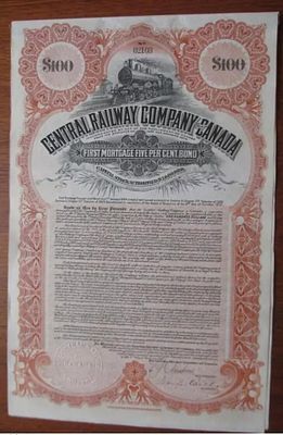Central Railway Company of Canada £100 Mortgage Bond 1914 Coupons Uncancelled