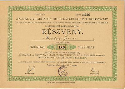 Romania Hungary Postas Nyugdijasok Hitelegyesulete Rt Cluj Kolozsvar Share for 16 Pengo 1943. # 