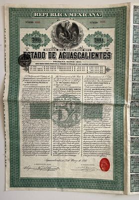 Republica Mexicana 5% Bono Tesoro $100 Loan Aguascalientes Mexico uncancelled coupons