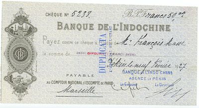 Vietnam Banque de l'Indochine Cheque for 50 Francs Beijing (Peking) Agency 1927. # 5238 Payable 