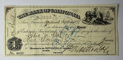 USA Bank of California Bill of Exchange to Rothschild Fr&egrave;res San Francisco 1878 1000 Francs. A 