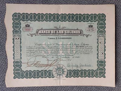 Cuba Banco de los Colonos 1942 Share Accion $10 Sugar Azucar Havana Habana