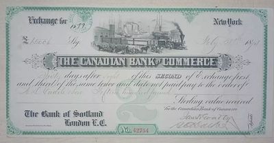Canada 'Canadian Bank of Commerce' Bill of Exchange 1874 New York Branch. Bill of Exchange for 
