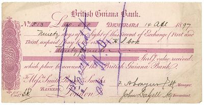 British Guyana Bank Bill of Exchange for £90 Demerara 1897. Issued in Demerara on 14 April 1897 