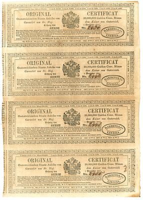 Austria Oesterreichischen Staats Anleihe / Austrian Rothschild Loan Certificate Uncut Sheet 1849. 