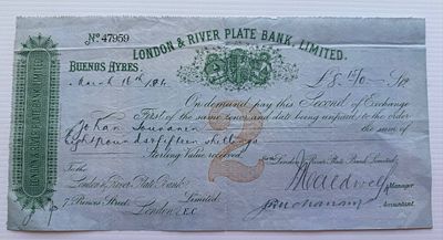 Argentina, London & River Plate Bank, Bill of Exchange, Buenos Aires, 1904, £8.15s. Highly 