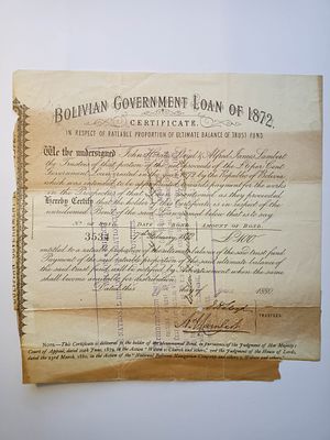 Bolivia, Government Loan, Certificate, £100, 1880. Certificate from the Bolivian Government Loan 