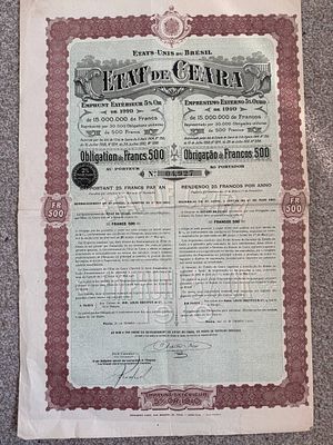 Brazil 1910 State of Ceará (Brazil) – 5% Gold External Loan Bond – 500 Francs - Coupons. Striking 