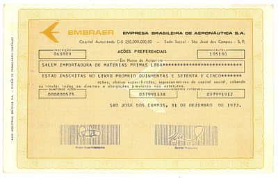 Brazil Embraer Embresa Brasileira de Aeronautica SA Preferred Shares 1972