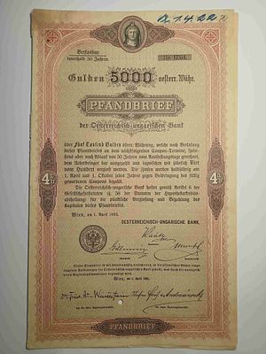 Austria-Hungary, Österreichisch-Ungarische Bank, Pfandbrief, Wien, 5000 Gulden, 1893. Beautifully 