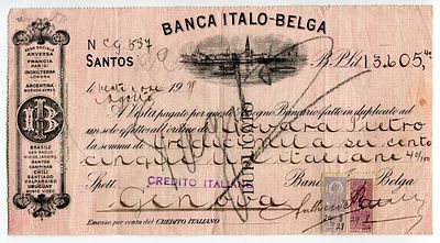 Brazil Banco Italo-Belga Santos Bill of Exchange Cheque 1918 Brasil. Nice vignette with view of 