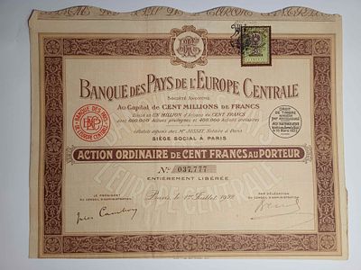 Austria, Banque des Pays de l’Europe Centrale, Ordinary Share, Paris, 100 Francs, 1922. Elegant 