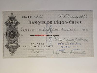 China, Banque de l’Indo-Chine, Cheque, Peking, 200 Francs, 1903. A 200 Francs cheque issued in 