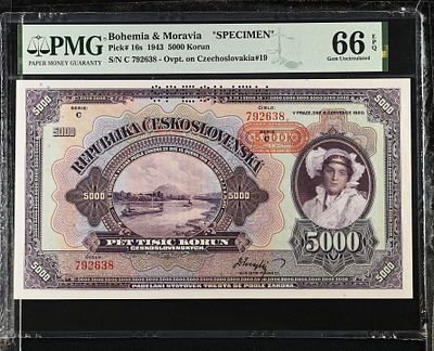 Bohemia & Moravia 5000 Korun 1943 Specimen PMG 66EPQ Gem UNC. P# 16s; N# 277702; # C 792638; 