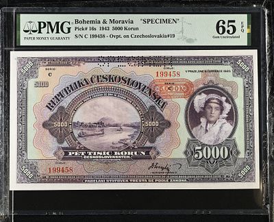 Bohemia & Moravia 5000 Korun 1943 Specimen PMG 65EPQ Gem UNC. P# 16s; N# 277702; # C 199458; 