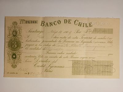 Chile, Banco de Chile, Bill of Exchange, Santiago, 3528 Francos, 1909. Early 20th-century 
