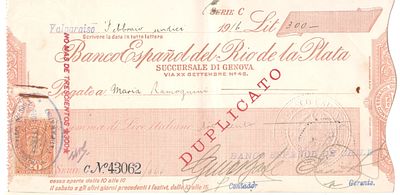 Chile Banco Espanol del Rio de la Plata Valparaiso Cheque Check 1916 300 Lire