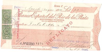 Chile Banco Espanol del Rio de la Plata Valparaiso Cheque Check 1916 32 Lire revenue Stamps