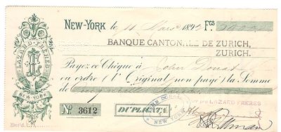 1897 Lazard Freres New York - Check Payable to Banque Cantonale Zurich Scarce. Original 