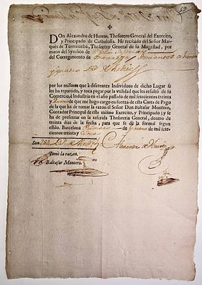 Spain Principado de Catalunia, Tesoreria General del Ejercito, Payment order for 284 reales 1735. 
