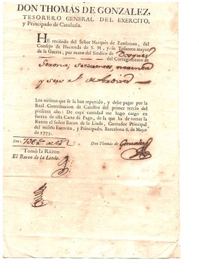 Spain Catalonia 1775 Royal Treasury Payment Document – Don Thom&aacute;s de Gonzalez, Barcelona – 