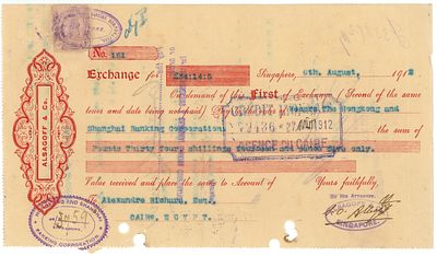 Singapore Aslagoff & Co Signed Bill of Exchange HSBC 1912. # 151 Singapore Bill of Exchange; 
