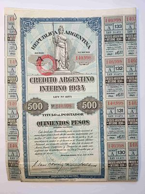 Argentina, Republica Argentina, Internal Loan Bond, Buenos Aires, 500 Pesos, 1938. Attractive 