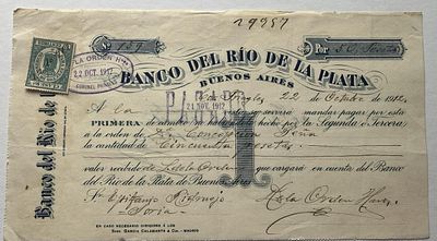Argentina Banco del Rio de la Plata Bill of Exchange Buenos Aires 50 Pesetas 1912. Original bill 