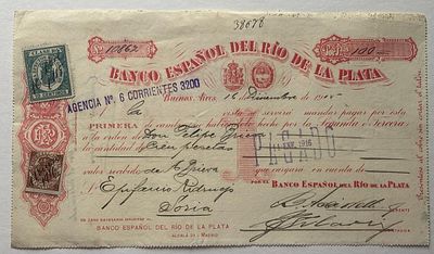 Argentina Banco Espanol del Rio de la Plata Bill of Exchange Buenos Aires 100 Pesetas 1916. Origi 