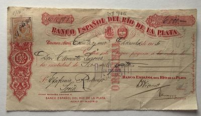Argentina Banco Espanol del Rio de la Plata Cheque Buenos Aires 600 Pesetas 1915. Original 