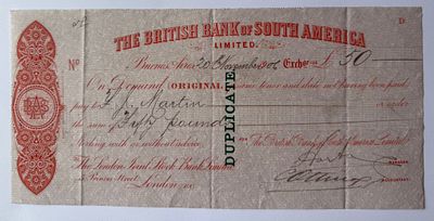 Argentina The British Bank of South America Ltd. bank draft (On Demand Original/Duplicate) 