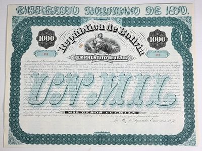Bolivia Rep&uacute;blica de Bolivia government loan bond (Empr&eacute;stito de 1870) La Paz 1000 pesos 