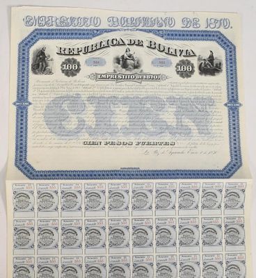 Bolivia Rep&uacute;blica de Bolivia government loan bond (Empr&eacute;stito de 1870) La Paz 100 pesos fuertes 1871