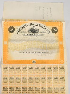 Bolivia Rep&uacute;blica de Bolivia government loan bond (Empr&eacute;stito de 1870) La Paz 500 pesos fuertes 1871