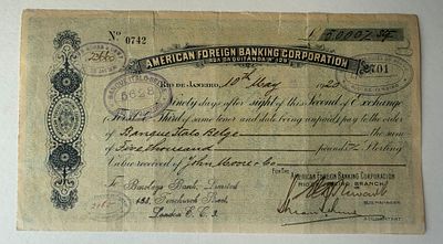 Brazil American Foreign Banking Corporation Bill of Exchange Rio de Janeiro L5000 Sterling 1920. 
