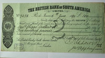 Brazil British Bank of South America Ltd. Bill of Exchange (Second) Rio de Janeiro &pound;500 1894. Att 