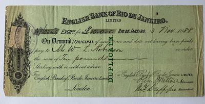 Brazil English Bank of Rio de Janeiro Ltd. bank draft (On Demand Duplicate) Rio de Janeiro L10 1888