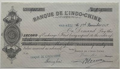 China Banque de l'Indo-Chine Bill of Exchange Hankow Shanghai Dollars 1915. Original bill of 