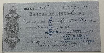 China Banque de l'Indo-Chine Cheque Hankou 700 Francs 1906. Cheque issued by Banque de 