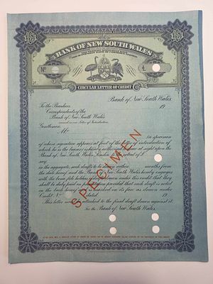 Australia Bank of New South Wales Circular Letter of Credit Sydney - c.1910s. Early specimen LOC 