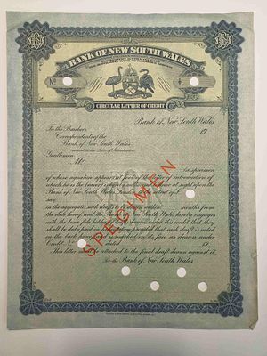Australia Bank of New South Wales Circular Letter of Credit Sydney - c.1910s. Second variant of 