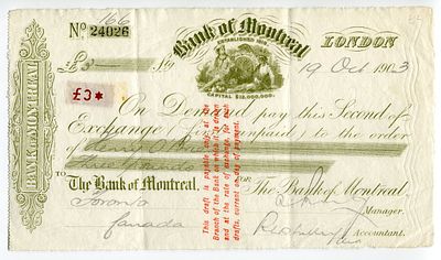 Canada Bank of Montreal Bill of Exchange for 3 Pounds London 1903. Payable by Toronto Branch XF