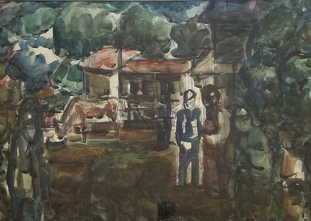 Aharon Giladi , 1907-1993 - Fugures in the village, . Artist's name: Aharon Giladi , 1907-1993 Item 