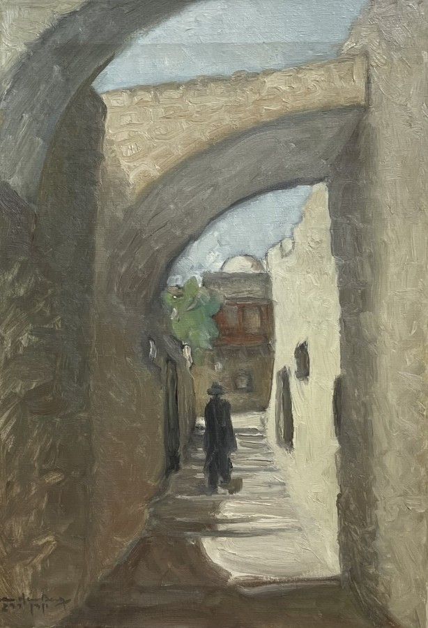 Shlomo Van Den Berg , 1920-1982 - Figure in an alley, . Artist's name: Shlomo Van Den Berg 